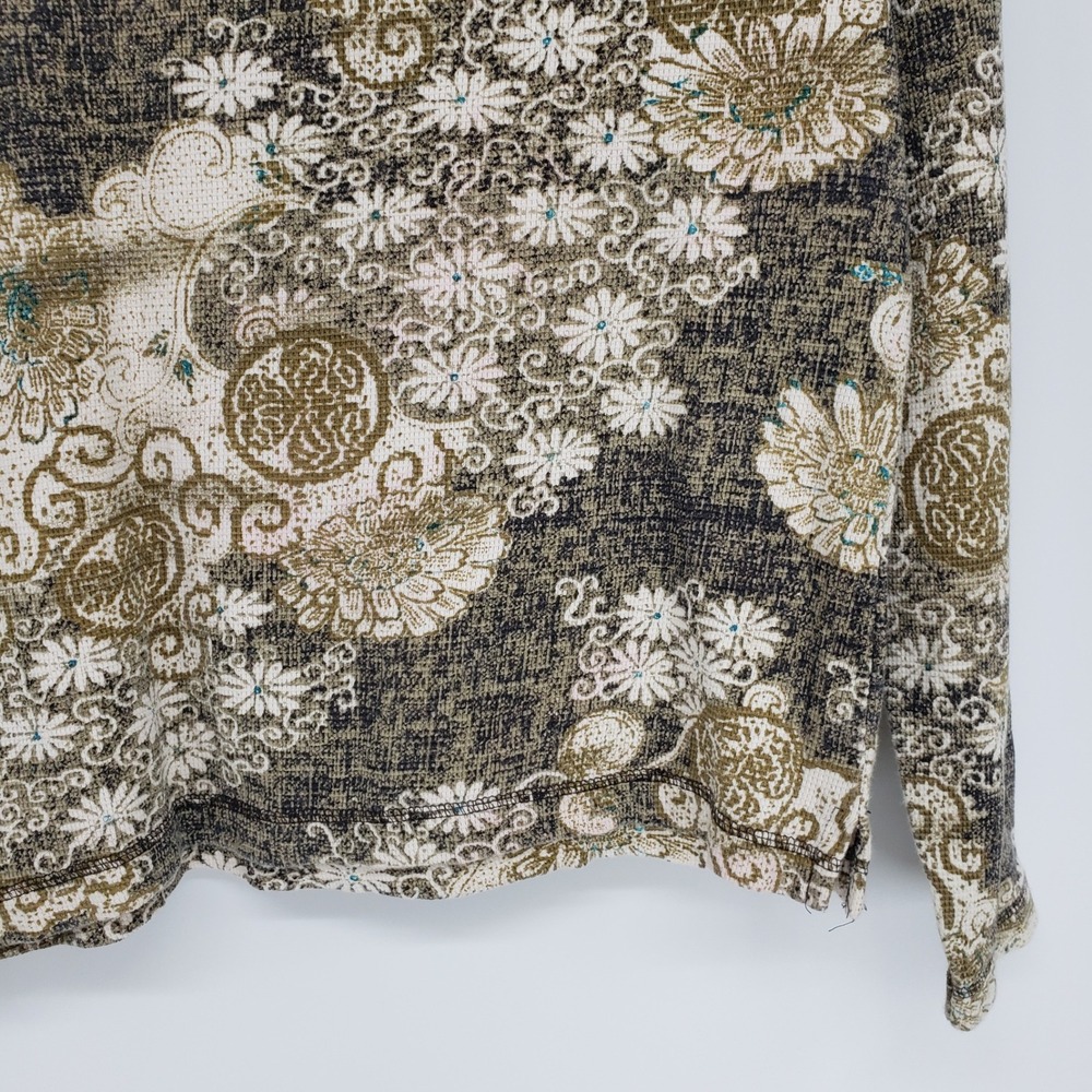 Vintage Y2K Floral Waffle Knit Top Women Small Olive Cream Long Sleeve Lace Trim - Picture 6 of 7
